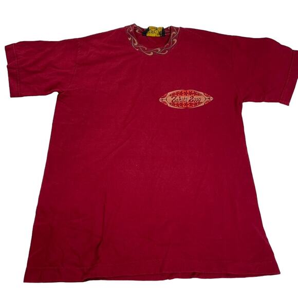 PACIFIC LINE Tahiti 2000 Large Red Hawaiian Shirt Y2K Dolphin Tribal Island - Picture 1 of 4